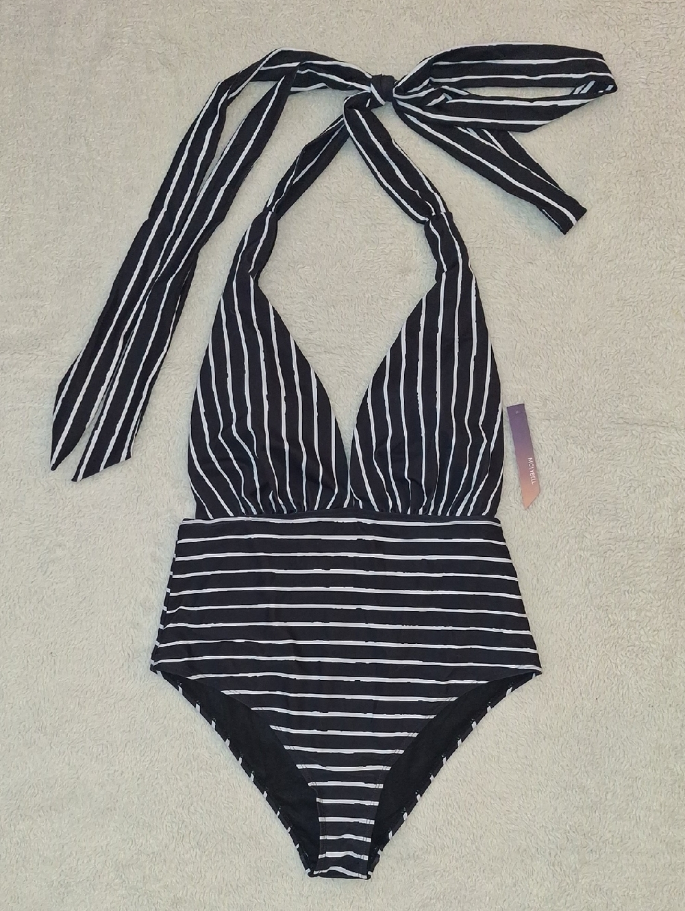 Striped Black & White Halter One-Piece Swimsuit